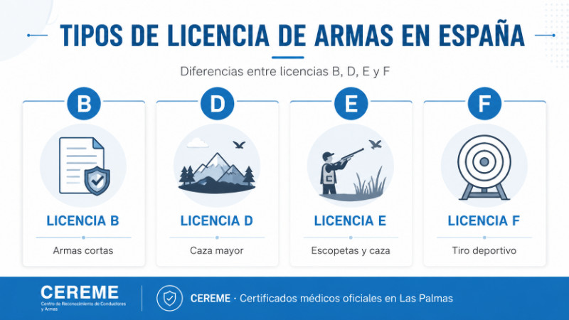 tipos-licencia-armas-espana-b-d-e-f Documentación para certificado médico de licencia de armas